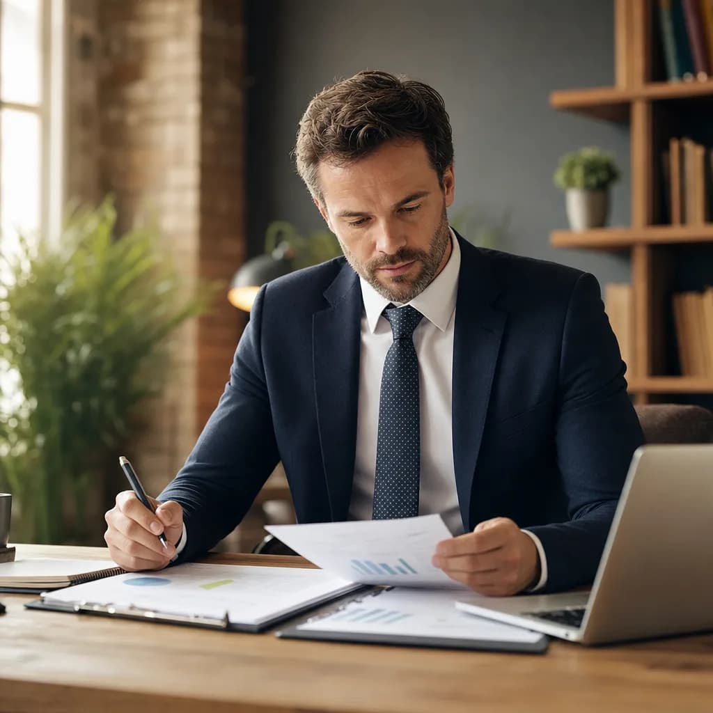 An accountant reviewing financial documents at a desk