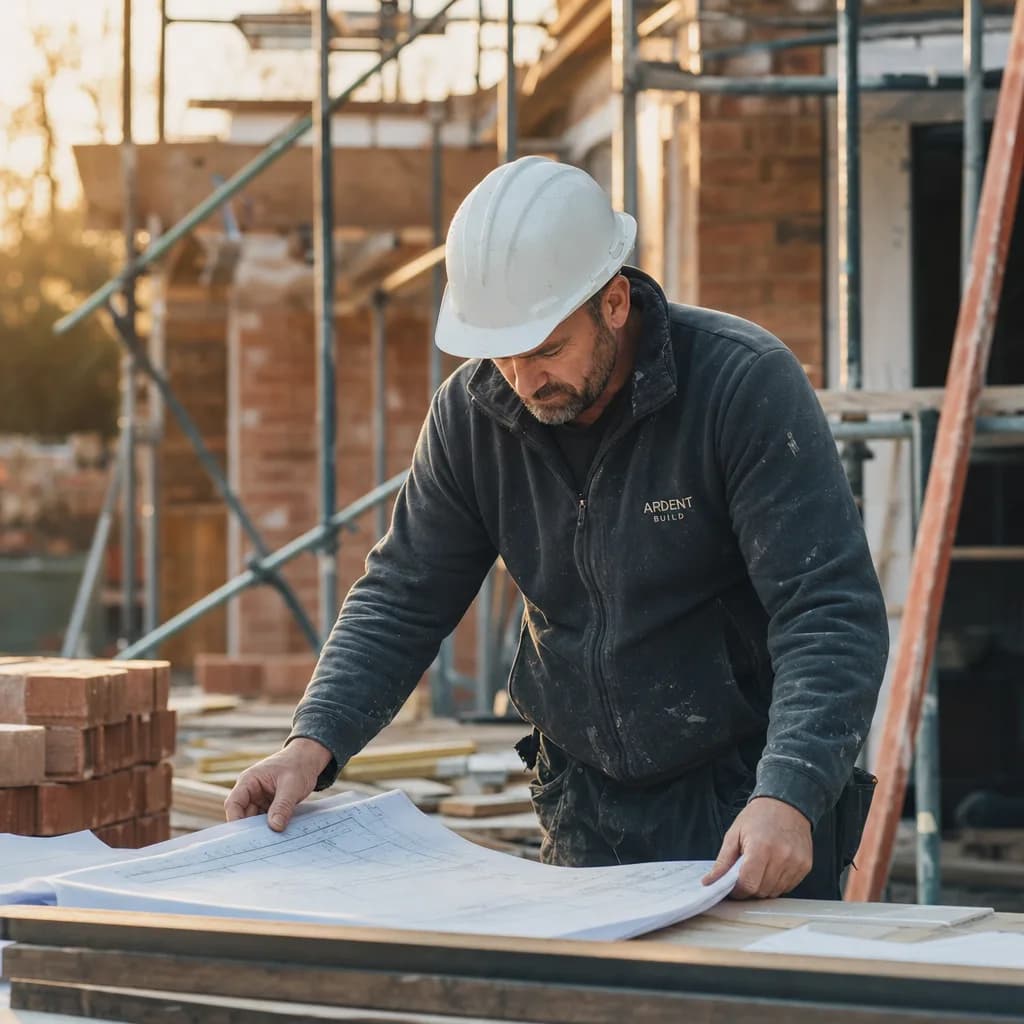 A builder reviewing plans on a home-extension construction site
