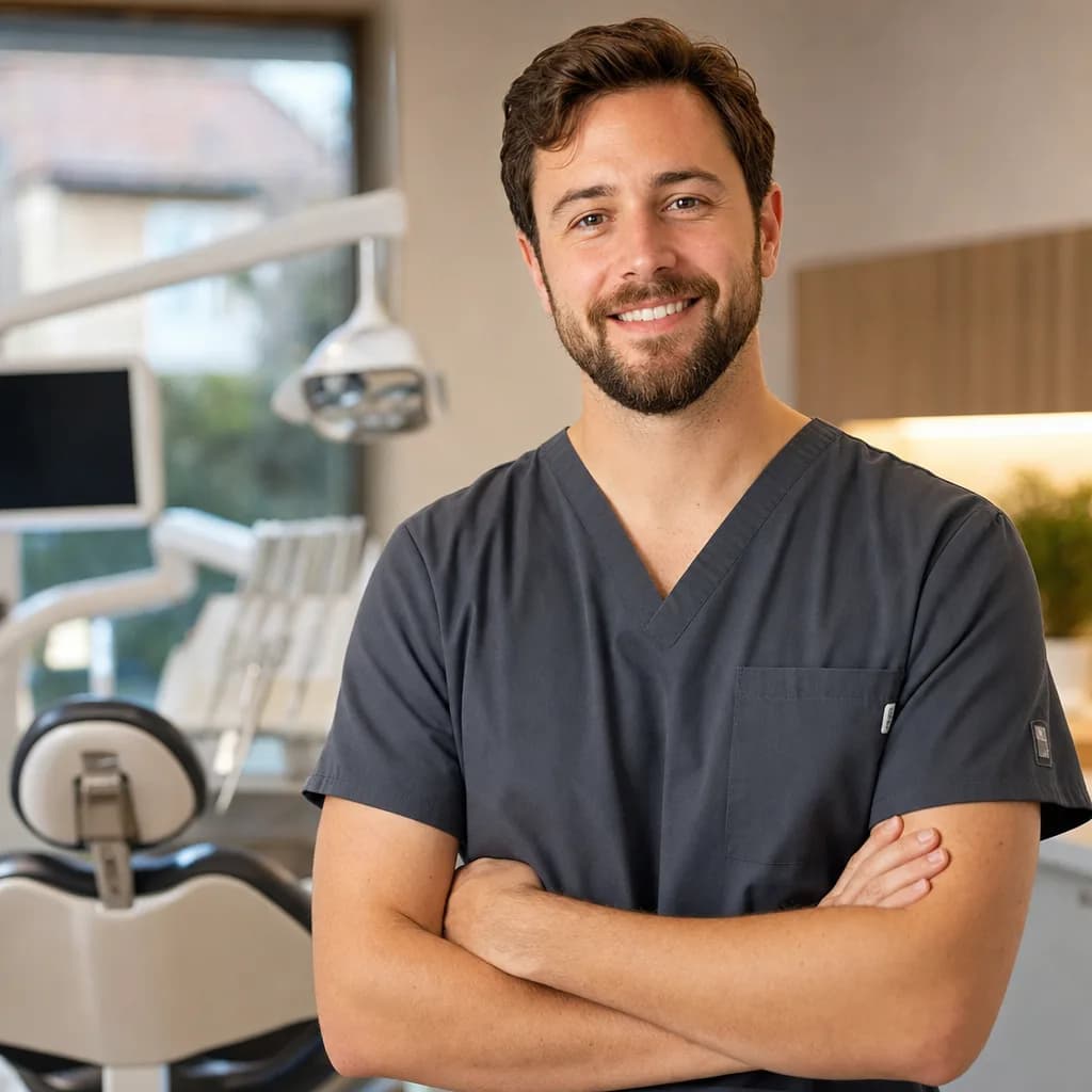 A dentist standing in a modern UK dental practice