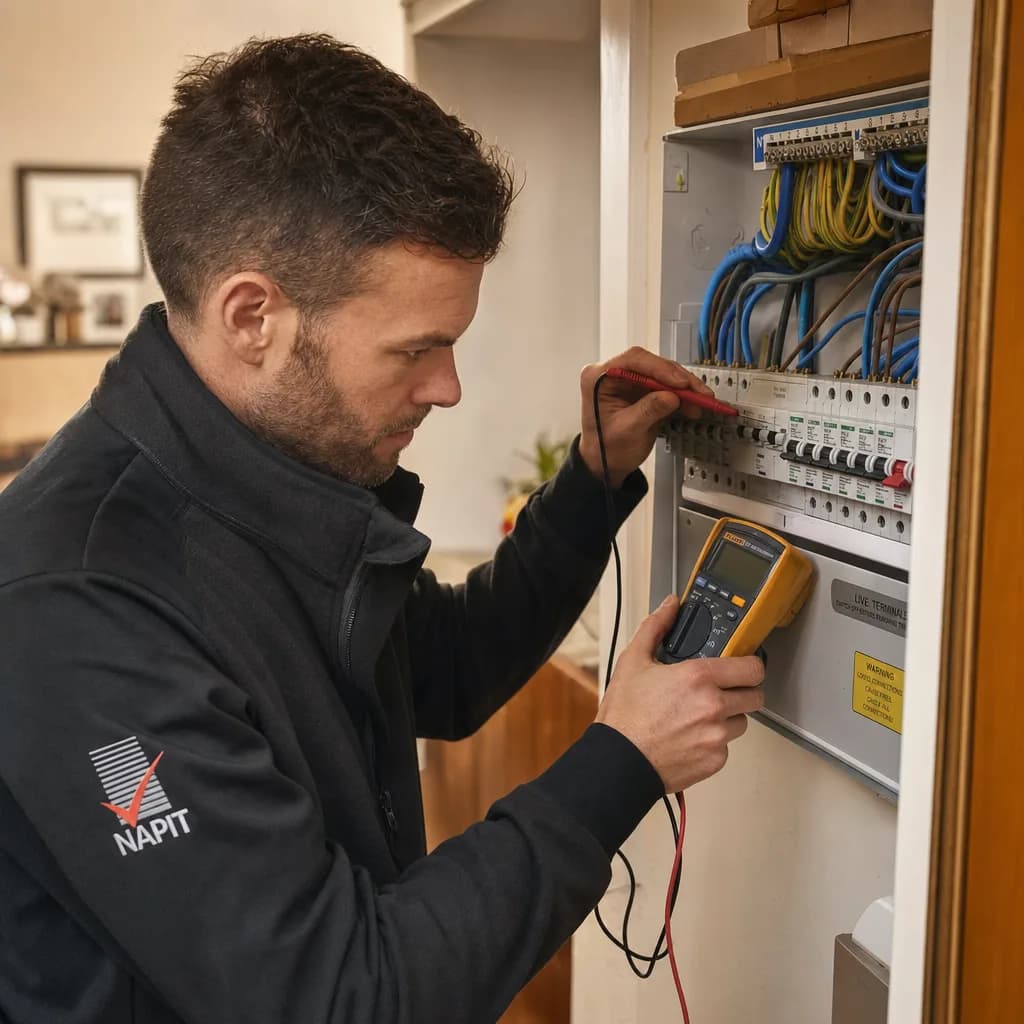 An electrician testing a consumer unit with a multimeter in a UK home