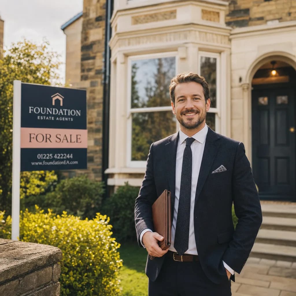 An estate agent outside a UK property with a For Sale board