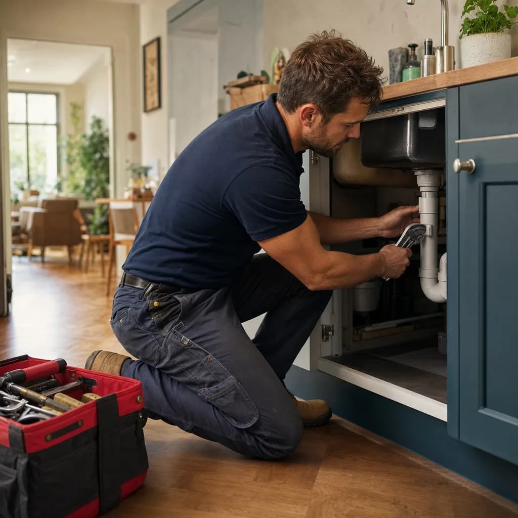 A plumber fixing a pipe under a kitchen sink in a UK home