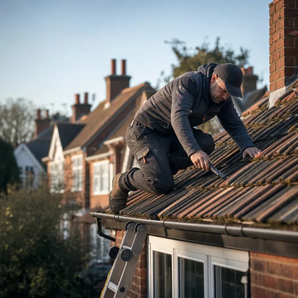A roofer inspecting tiles on a pitched residential roof in a UK suburb